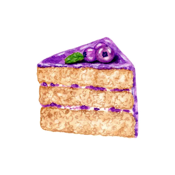 蓝莓蛋糕的水彩画。自制烘焙。奶油饼干。生日,节日,甜点的美味.菜单和包装的设计，烹饪书籍的设计. — 图库照片