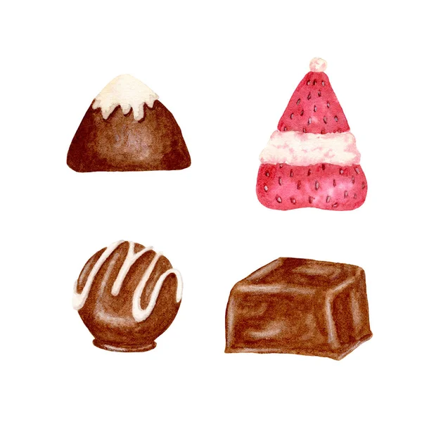 Ensemble aquarelle de bonbons au chocolat. Ensemble de bonbons au chocolat, truffes, fraises à la crème et pralines, aquarelle dessinée à la main illustration. Bonbons isolés sur un fond blanc. — Photo