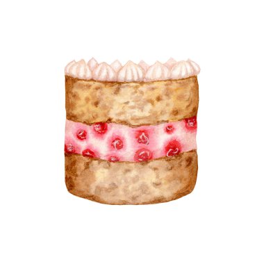 Suluboya pasta. Meyve ve böğürtlenli büyük bir kek. Sünger kek, kremalı hamur işleri. Menüler ve çıkartmalar için tasarım. Bisküvi.