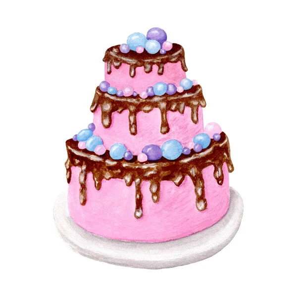 Akvarelltårta. Stor tredelad kaka till bröllop eller födelsedag. Svampkaka, bakverk med grädde, hälls upp med chokladglasyr. Design för menyer, klistermärken. Kyckling. Chokladglasyr. — Stockfoto