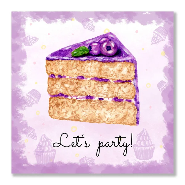 ビスケットケーキと水彩の誕生日カード。ケーキの一部だ。ブルーベリーケーキ。グリーティングカード。自家製ケーキビスケット. — ストック写真