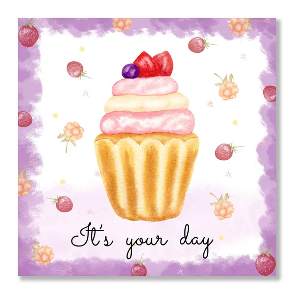カップケーキ付きの水彩カード。誕生日カード。イチゴ、クリーム、ブルーベリーのカップケーキ。タルトの中のカップケーキ。自家製ベーキング. — ストック写真