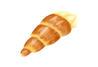 Kremalı suluboya pasta. Krema boynuzları. Vanilya kremalı suluboya pasta külahı. Puf böreği ve muhallebi. Beyazda izole edilmiş. Menü için tasarım. Ev yapımı pişirme..