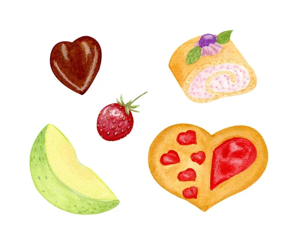 设置与饼干，甜面包，水果和巧克力糖果。水彩画甜点。甜点咖啡，茶。绿苹果片、心形饼干、草莓和巧克力糖，用白色隔开. — 图库照片