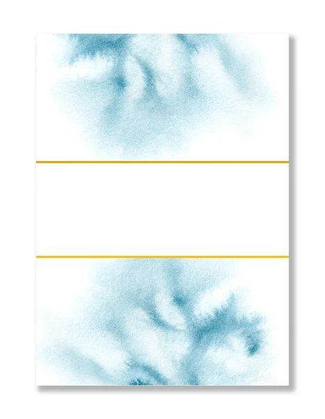 Μπλε υδατογραφίες υγρές κηλίδες με χρυσό οριζόντιο πλαίσιο. Λεκέδες νερού. Πρόσκληση κάρτας υδατογραφίας κενή. Μπάνερ. Κάρτα γάμου. — Φωτογραφία Αρχείου