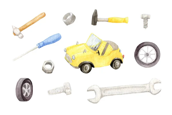 Set acquerello con utensili a mano per un'auto e una macchina gialla. Martello, dado e cacciavite. Set acquerello per bambini di adesivi per ragazzi. cool auto per bambini. — Foto Stock