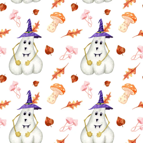 Patrón de acuarela de Halloween con calabaza blanca divertida en un sombrero de bruja. Patrón de otoño con hojas que caen, setas. Diseño para textiles, embalaje. — Foto de Stock