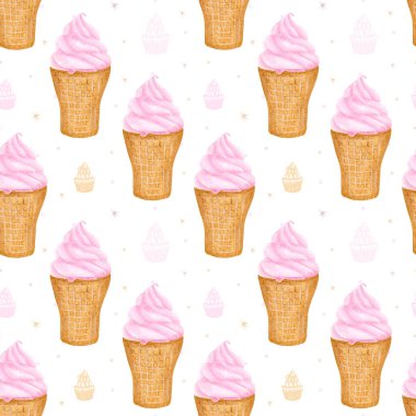 Çıtır waffle bardağında suluboya dondurma. Kusursuz bir desen ve hafif arka planda dondurma. Havadar, serin dondurma. Yaz tatlısı. El çizimi.
