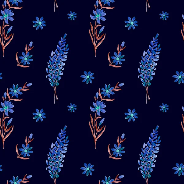 Watercolor lavender floral seamless pattern. Blue flowers on a dark background. Design for textiles, wallpaper, wrapping paper. Hand drawing. — Stock Photo, Image