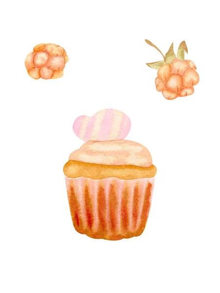 Watercolor cupcake with cream and heart. Yellow raspberries. Hand drawing. biscuit isolated on white background. — Stockfoto