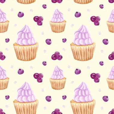 Suluboya kusursuz desen. Kremalı suluboya kek, el çizimi. Yaban mersinli tatlı.