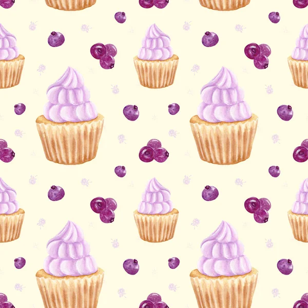Watercolor seamless pattern. Watercolor cupcake with cream, hand drawing. Dessert with blueberries. — Stockfoto