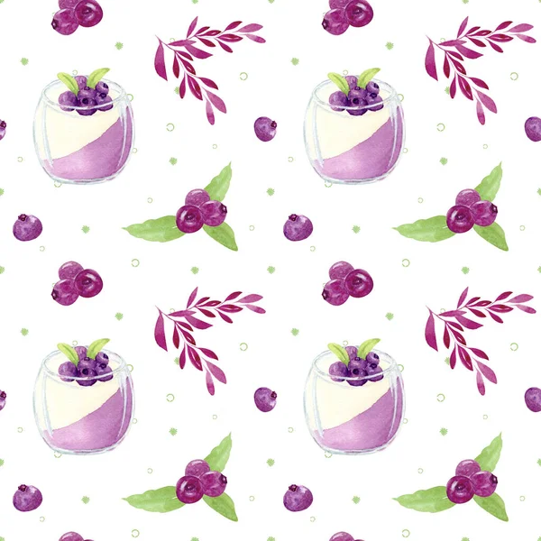 Watercolor seamless pattern. Watercolor blueberry dessert. Jelly with blueberries and cream in a glass. Hand drawing. — Stockfoto