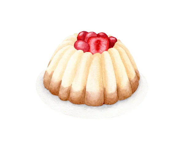 水彩画甜点果冻金字塔，上面有浆果和草莓。奶油巧克力肉冻。与白种人隔离. — 图库照片