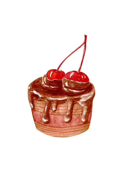 Watercolor chocolate cupcake with cherries. Cupcake in chocolate fondant with a sprig of cherries. Hand drawing. Isolated on white. — 图库照片