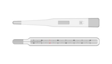 Civa ve elektronik tıbbi termometreler. Vektör illüstrasyonu beyaza izole edildi. Tıbbi alet. Sıcaklık ölçme aracı