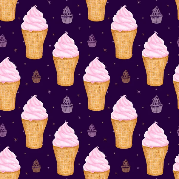 Акварельне Морозиво Хрусткій Вафельній Чашці Безшовний Візерунок Морозивом Фіолетовому Фоні — стокове фото