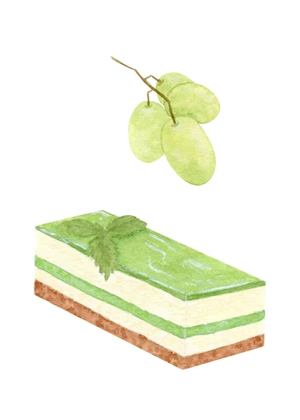 ウォーターカラーのフルーツベリーケーキ バタークリームとフルーツフォンダンとゼリー状のケーキ緑のブドウの束 白い背景に隔離されている ミントの葉を持つデザート — ストック写真