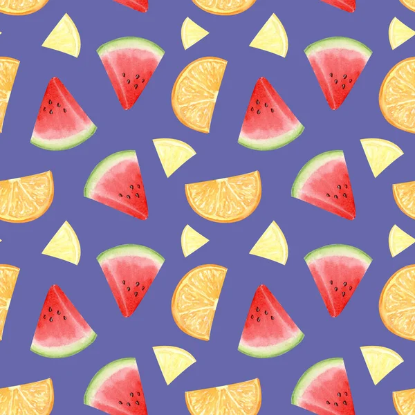 Watercolor Watermelon Lemon Orange Seamless Pattern Fruit Sliced Wedges Design — Stockfoto