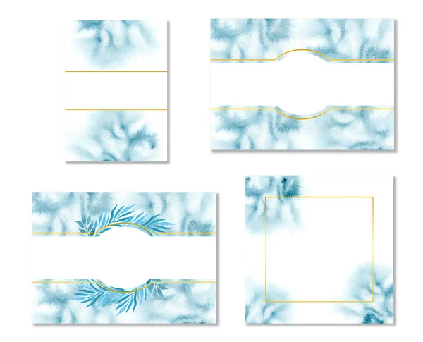 Watercolor Set Postcard Banner Blue Watercolor Stains Gold Frame Blank — Stock Fotó