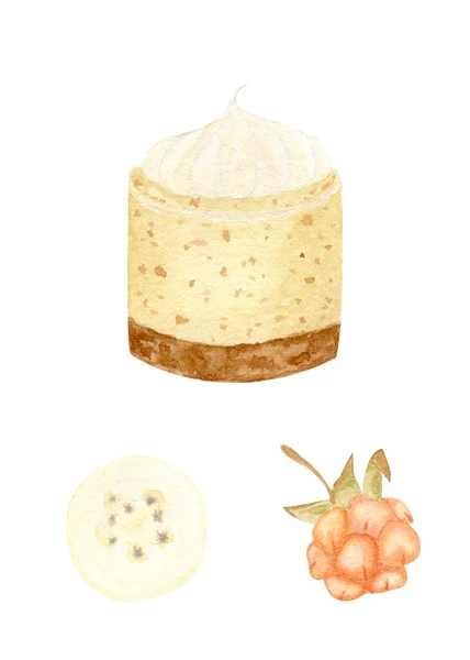 Watercolor Cake Cake Cream Top Yellow Raspberries Cupcake Isolated White — Zdjęcie stockowe