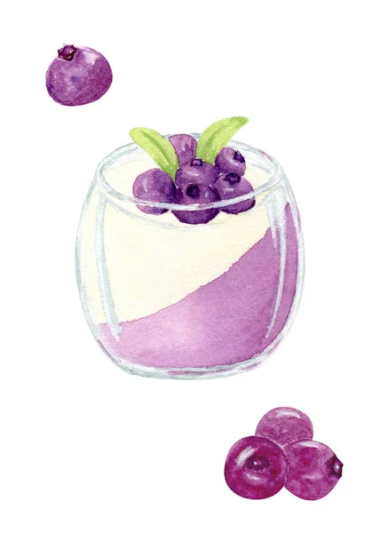 Watercolor dessert. Pour dessert in a glass. Jelly with blueberries and cream. Blueberries, mint. Illustration for stickers, cookbooks isolated on white. Jellied dessert in a glass. — Fotografia de Stock