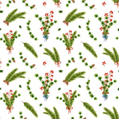 Köknar dallı suluboya Noel deseni. Modrina ve ladin dallarından bir buket kırmızı böğürtlen dalına bağlı. Yeni Yıl Tasarımı.