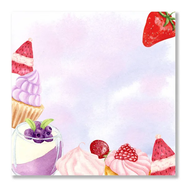 Watercolor card, poster, birthday invitation. Empty template with fruits, cupcakes and muffins. Strawberries, jelly in a glass. — Stok fotoğraf