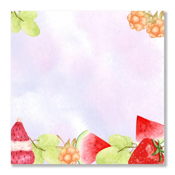 Watercolor card, poster, birthday invitation. Empty template with fruits. Strawberries, slices of watermelon and raspberries. — Stock Photo, Image