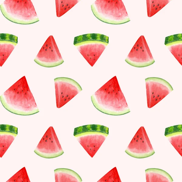 Watermelon seamless pattern. Watercolor pattern with slices of juicy watermelon on a light pink background. Summer design for textiles, stationery, menus and packaging. — стоковое фото