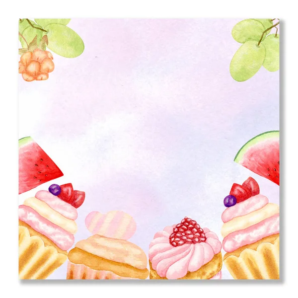 Watercolor card, poster, birthday invitation. Empty template with fruits, cupcakes and muffins. Strawberries, slices of watermelon and raspberries, grape. — Stockfoto