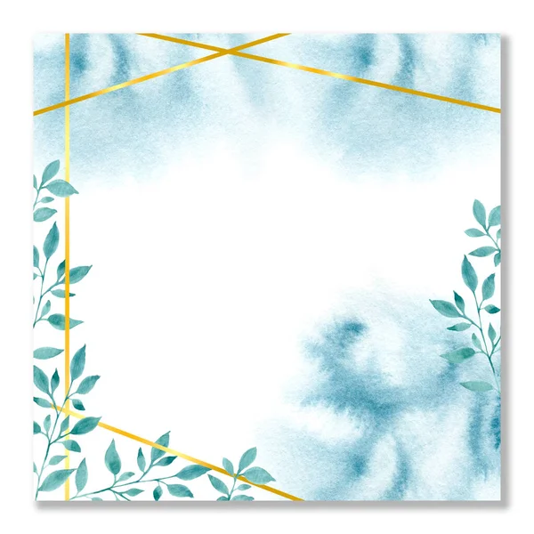 Watercolor card, banner, invitation with watercolor stains. Empty template with tree branch and square golden frame. — Stock Photo, Image