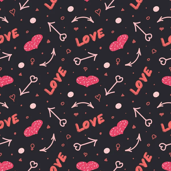 Eenvoudig naadloos doodle patroon voor Valentijnsdag. Patroon met rode en roze cupido pijlen en hartjes op een zwarte achtergrond. Ontwerp voor textiel, inpakpapier, spandoeken en dagboeken. — Stockfoto