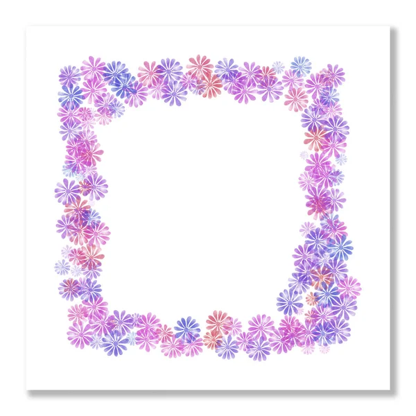 Watercolor Floral Square Frame Wreath Blue Pink Purple Flowers Postcard — Stock Photo, Image