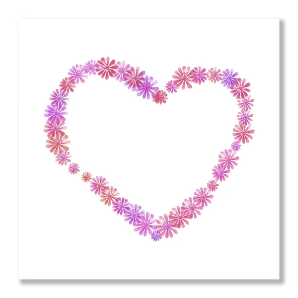 Kalp Şeklinde Suluboya Çiçek Çerçevesi Pembe Mor Çiçeklerin Çelengi Kartpostal — Stok fotoğraf