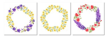 Çiçek çelengini hazırla. Gül, lavanta ve sarı çiçekli suluboya çelenk. Güzel davetiye, beyaza izole edilmiş tebrik kartı. Anneler ve sevgililer günü kartı. Boş şablon