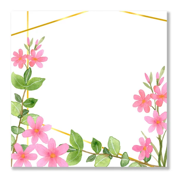 Watercolor Frame Flowers Pink Field Twigs Flowers Delicate Design Blank — Stock Photo, Image