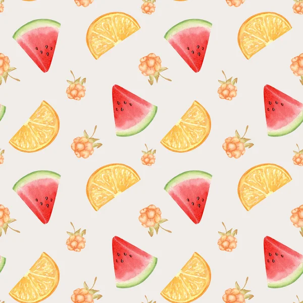 Aquarel Watermeloen Citroen Oranje Naadloos Patroon Partjes Gesneden Fruit Ontwerp — Stockfoto
