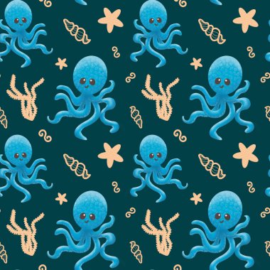 Ahtapot ve deniz kabuklarıyla kusursuz desen. Grafik çizimi. Şirin bir ahtapot desenli ve gülümseyen. Giysiler ve defterler için çocuk tasarımı. Deniz yıldızı ve yosun. Yeşil arkaplan
