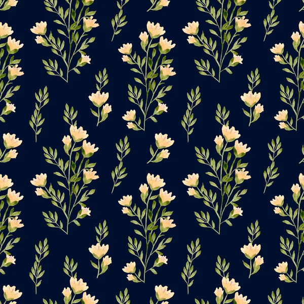 Akvarell Blommig Sömlös Mönster Gula Blommor Mörkblå Bakgrund Design För — Stockfoto