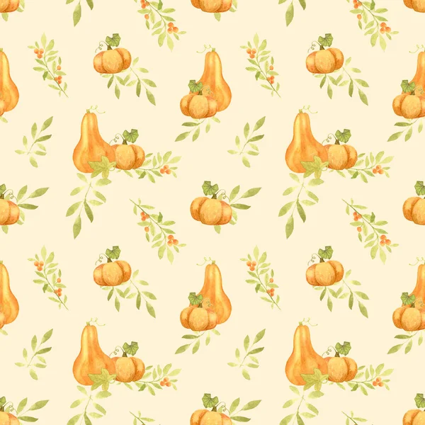 Aquarell Herbstmuster Mit Orangen Kürbissen Und Blättern Herbstliches Design Für — Stockfoto