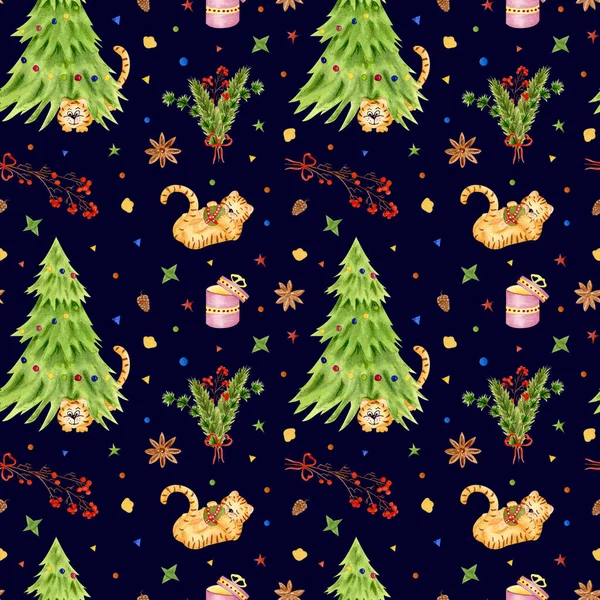 Aquarela Jogando Tigre Com Uma Bola Árvore Natal Guirlandas Padrão — Fotografia de Stock