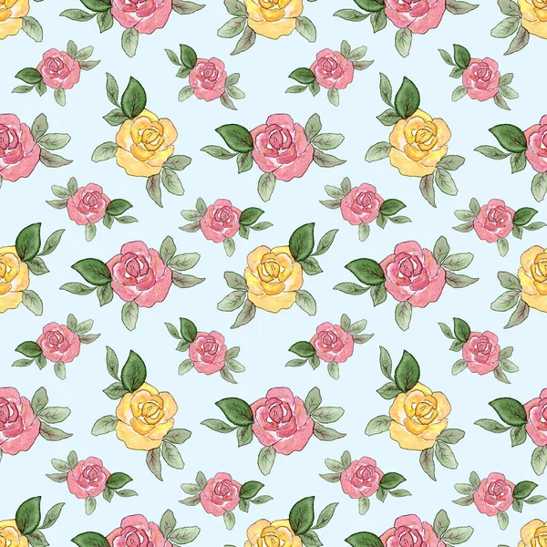 Μοτίβο με τριαντάφυλλα. Υδατογραφία αδιάλειπτη μοτίβο με τριαντάφυλλο λουλούδια. Κίτρινα και ροζ λουλούδια σε στυλ doodle σε μπλε φόντο. Εκτύπωση για υφάσματα. — Φωτογραφία Αρχείου