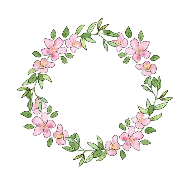 Акварельна квіткова кругла рамка, листівка. Листівка-запрошення з вишневими квітами та гілкою дерева. Порожній шаблон . — стокове фото
