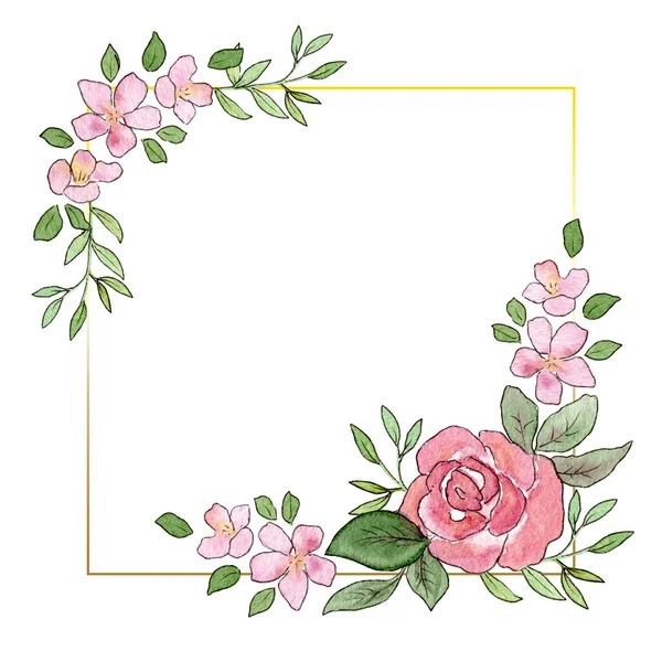 Marco floral acuarela, postal. Tarjeta de invitación con flores de cerezo y rosas. Plantilla vacía. — Foto de Stock