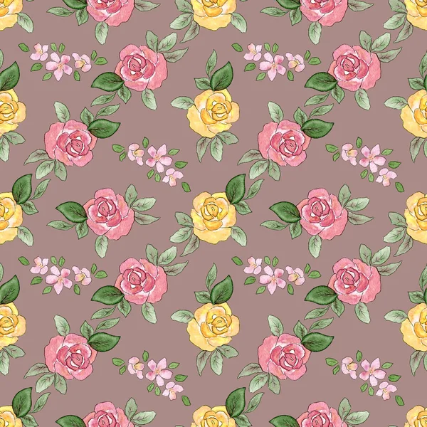 Mönster med rosor. Akvarell sömlöst mönster med ros och äpple blommor. Gul och rosa blommor i klotter stil på ett pulver bakgrund. Skriv ut för textilier. — Stockfoto