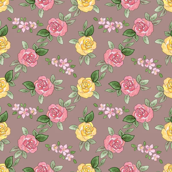 Schema con rose. Acquerello modello senza soluzione di continuità con rosa e fiori di mela. Fiori gialli e rosa in stile scarabocchio su fondo polvere. Stampa per tessuti. — Foto Stock