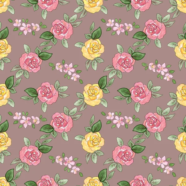 Μοτίβο με τριαντάφυλλα. Υδατογραφία αδιάλειπτη μοτίβο με τριαντάφυλλο και άνθη μήλου. Κίτρινα και ροζ λουλούδια σε στυλ doodle σε φόντο σκόνης. Εκτύπωση για υφάσματα. — Φωτογραφία Αρχείου