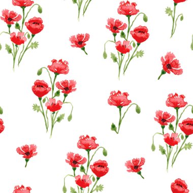 Suluboya gelincikler. Kırmızı gelincikli kusursuz bir desen. Kır çiçekleri.