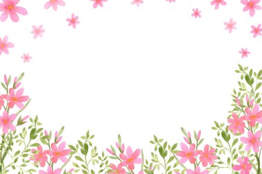 Suluboya çiçekler. Çerçevede yabani çiçekler var. Üzerinde pembe çiçekler olan davetiye kartı..